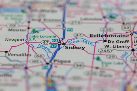 06-14-2021 Portsmouth, Hampshire, UK, Sidney Ohio USA shown on a Geography map or Road mapのeditorial素材