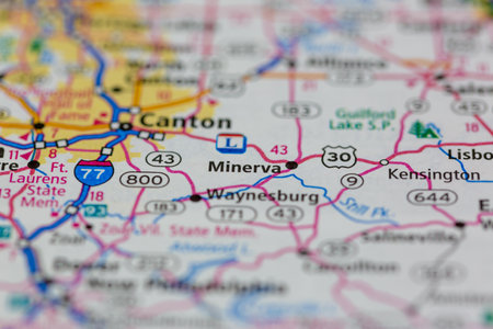 06-14-2021 Portsmouth, Hampshire, UK, Minerva Ohio USA shown on a Geography map or Road mapのeditorial素材