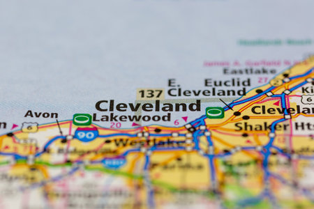 06-14-2021 Portsmouth, Hampshire, UK, Cleveland Ohio USA shown on a Geography map or Road mapのeditorial素材