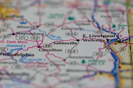 06-14-2021 Portsmouth, Hampshire, UK, Salineville Ohio USA shown on a Geography map or Road mapのeditorial素材