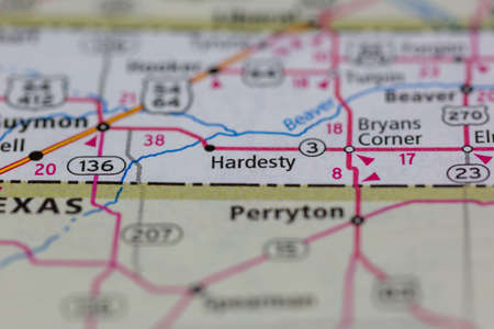 06-15-2021 Portsmouth, Hampshire, UK, Hardesty Oklahoma USA shown on a Geography map or road mapのeditorial素材