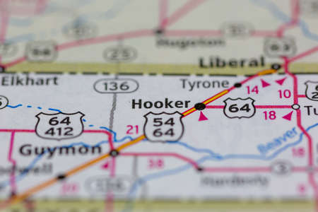 06-15-2021 Portsmouth, Hampshire, UK, Hooker Oklahoma USA shown on a Geography map or road mapのeditorial素材