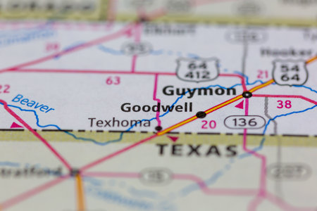 06-15-2021 Portsmouth, Hampshire, UK, Goodwell Oklahoma USA shown on a Geography map or road mapのeditorial素材