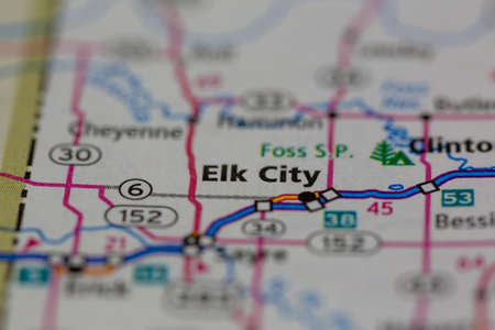 06-15-2021 Portsmouth, Hampshire, UK, Elk Oklahoma USA shown on a Geography map or road mapのeditorial素材
