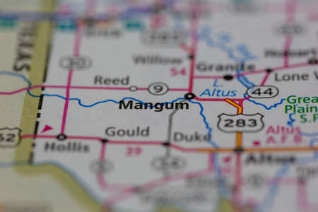 06-15-2021 Portsmouth, Hampshire, UK, Mangum Oklahoma USA shown on a Geography map or road mapのeditorial素材