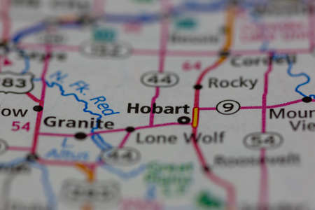 06-15-2021 Portsmouth, Hampshire, UK, Hobart Oklahoma USA shown on a Geography map or road mapのeditorial素材