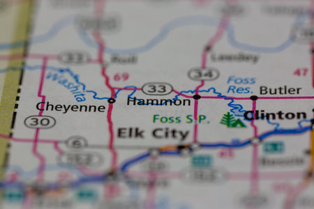 06-15-2021 Portsmouth, Hampshire, UK, Hammon Oklahoma USA shown on a Geography map or road mapのeditorial素材