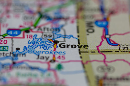 06-15-2021 Portsmouth, Hampshire, UK, Grove Oklahoma USA shown on a Geography map or road mapのeditorial素材