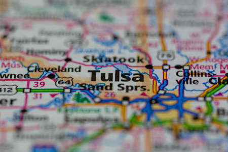 06-15-2021 Portsmouth, Hampshire, UK, Tulsa Oklahoma USA shown on a Geography map or road mapのeditorial素材