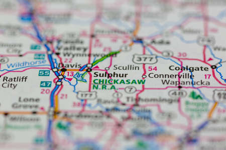 06-15-2021 Portsmouth, Hampshire, UK, Sulphur Oklahoma USA shown on a Geography map or road mapのeditorial素材