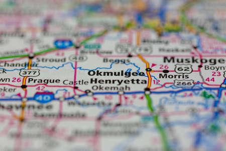 06-15-2021 Portsmouth, Hampshire, UK, Okmulgee Oklahoma USA shown on a Geography map or road mapのeditorial素材
