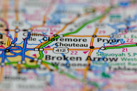 06-15-2021 Portsmouth, Hampshire, UK, Chouteau Oklahoma USA shown on a Geography map or road mapのeditorial素材