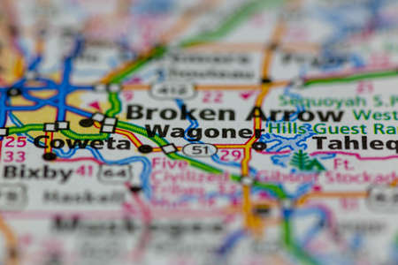 06-15-2021 Portsmouth, Hampshire, UK, Wagoner Oklahoma USA shown on a Geography map or road mapのeditorial素材