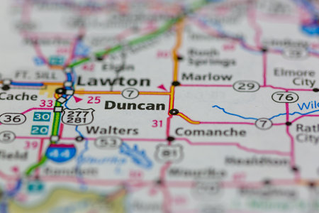 06-15-2021 Portsmouth, Hampshire, UK, Duncan Oklahoma USA shown on a Geography map or road mapのeditorial素材