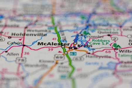 06-15-2021 Portsmouth, Hampshire, UK, McAlester Oklahoma USA shown on a Geography map or road mapのeditorial素材