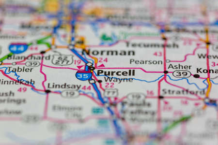 06-15-2021 Portsmouth, Hampshire, UK, Purcell Oklahoma USA shown on a Geography map or road mapのeditorial素材