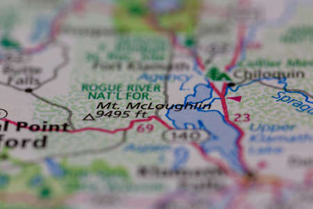 06-28-2021 Portsmouth, Hampshire, UK, Mount McLoughlin Oregon USA shown on a Geography map or road mapのeditorial素材