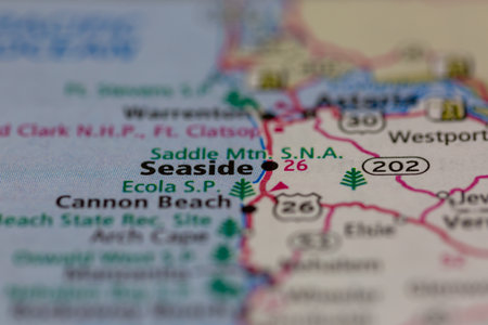 06-28-2021 Portsmouth, Hampshire, UK, Seaside Oregon USA shown on a Geography map or road mapのeditorial素材