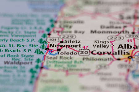 06-28-2021 Portsmouth, Hampshire, UK, Newport Oregon USA shown on a Geography map or road mapのeditorial素材