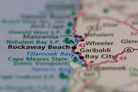 06-28-2021 Portsmouth, Hampshire, UK, Rockaway Beach Oregon USA shown on a Geography map or road mapのeditorial素材