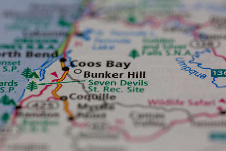 06-28-2021 Portsmouth, Hampshire, UK, Bunker Hill Oregon USA shown on a Geography map or road mapのeditorial素材