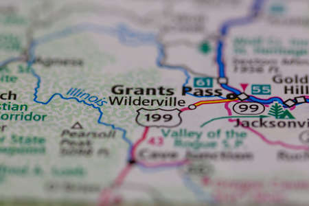06-28-2021 Portsmouth, Hampshire, UK, Wilderville Oregon USA shown on a Geography map or road mapのeditorial素材