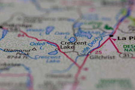 06-28-2021 Portsmouth, Hampshire, UK, Crescent Lake Oregon USA shown on a Geography map or road mapのeditorial素材