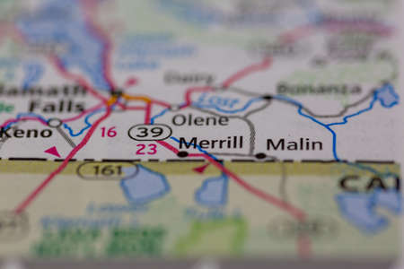 06-28-2021 Portsmouth, Hampshire, UK, Merrill Oregon USA shown on a Geography map or road mapのeditorial素材