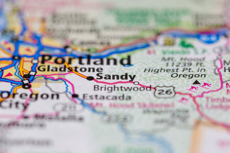 06-28-2021 Portsmouth, Hampshire, UK, Sandy Oregon USA shown on a Geography map or road mapのeditorial素材