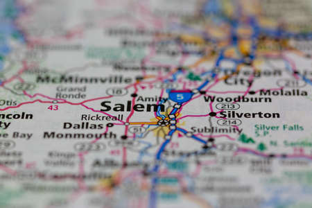 06-28-2021 Portsmouth, Hampshire, UK, Salem Oregon USA shown on a Geography map or road mapのeditorial素材