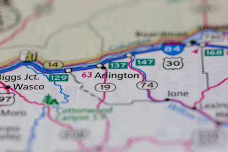 06-28-2021 Portsmouth, Hampshire, UK, Arlington Oregon USA shown on a Geography map or road mapのeditorial素材