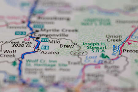 06-28-2021 Portsmouth, Hampshire, UK, Drew Oregon USA shown on a Geography map or road mapのeditorial素材