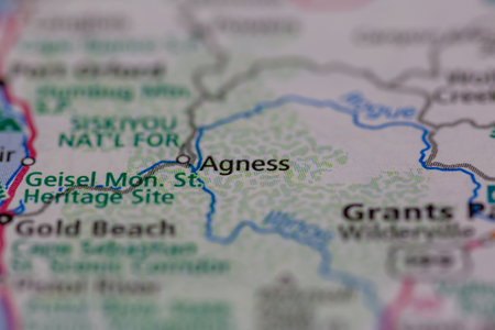06-28-2021 Portsmouth, Hampshire, UK, Agness Oregon USA shown on a Geography map or road mapのeditorial素材