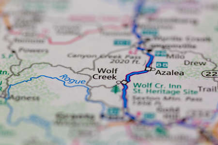 06-28-2021 Portsmouth, Hampshire, UK, Wolf Creek Oregon USA shown on a Geography map or road mapのeditorial素材