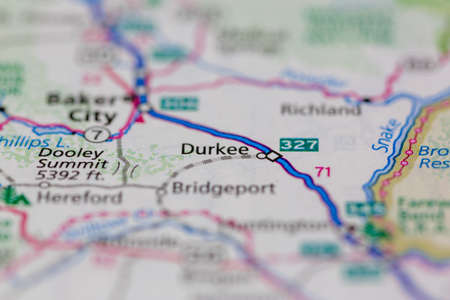 06-28-2021 Portsmouth, Hampshire, UK, Durkee Oregon USA shown on a Geography map or road mapのeditorial素材