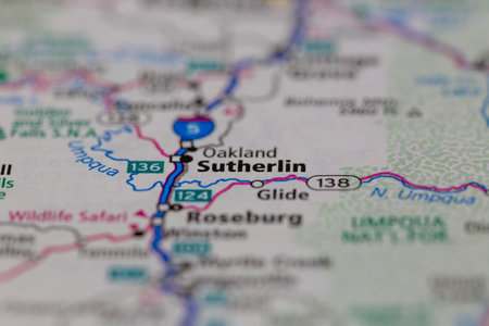 06-28-2021 Portsmouth, Hampshire, UK, Sutherlin Oregon USA shown on a Geography map or road mapのeditorial素材