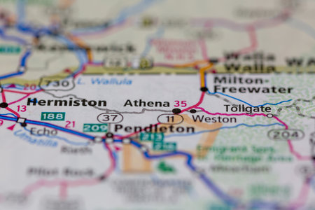 06-28-2021 Portsmouth, Hampshire, UK, Athena Oregon USA shown on a Geography map or road mapのeditorial素材