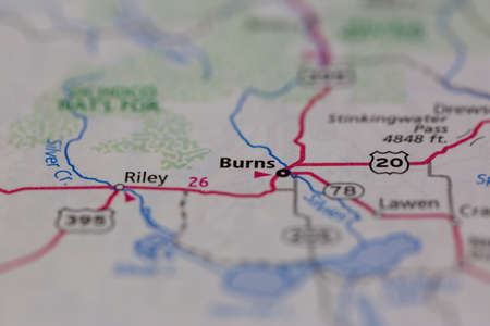 06-28-2021 Portsmouth, Hampshire, UK, Burns Oregon USA shown on a Geography map or road mapのeditorial素材