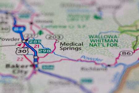 06-28-2021 Portsmouth, Hampshire, UK, Medical Springs Oregon USA shown on a Geography map or road mapのeditorial素材