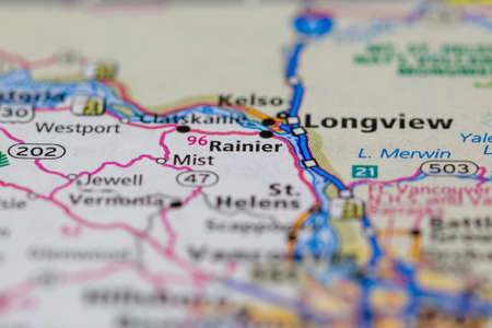 06-28-2021 Portsmouth, Hampshire, UK, Rainier Oregon USA shown on a Geography map or road mapのeditorial素材