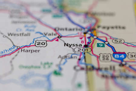 06-28-2021 Portsmouth, Hampshire, UK, Nyssa Oregon USA shown on a Geography map or road mapのeditorial素材