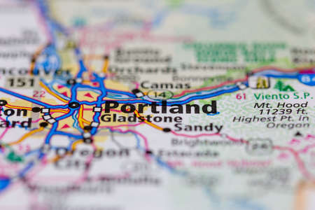 06-28-2021 Portsmouth, Hampshire, UK, Portland Oregon USA shown on a Geography map or road mapのeditorial素材