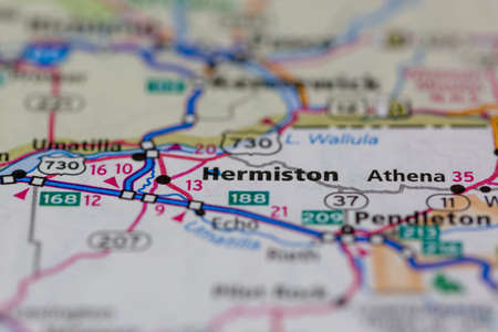 06-28-2021 Portsmouth, Hampshire, UK, Hermiston Oregon USA shown on a Geography map or road mapのeditorial素材