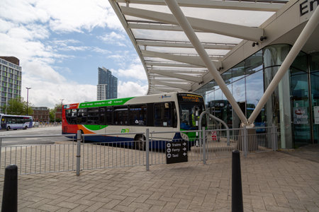 07-07-2021 Portsmouth, Hampshire, UK A Stagecoach bus at a bus terminal at the hard interchange in Portsmouth waiting to pick up passengersのeditorial素材