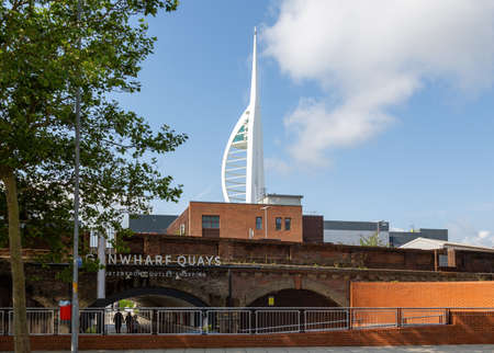 08-12-2021 Portsmouth, Hampshire, UK The entrance to Gunwharf Quays in Portsmouth with the Spinnaker tower in the backgroundのeditorial素材