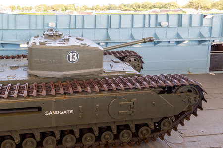 08-24-2021 Portsmouth, Hampshire, UK, A Churchills tank on the deck of a world war two landing craft, LCT 7074 at the D-day story museum Southseaのeditorial素材