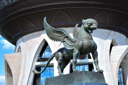 Kazan, Tatarstan, Russia - July 6, 2016. Kazan Central Wedding Palace. Sculpture winged Bars - symbol of Tatarstan. Sculptor Dashi Namdakov.のeditorial素材