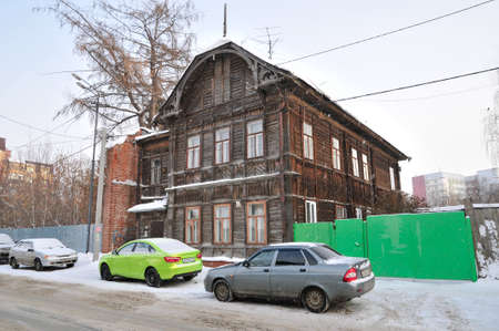 Kazan, Tatarstan, Russia - February 1, 2017. An old wooden house. Volkov Street.のeditorial素材