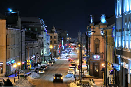 Kazan, Tatarstan, Russia - December 7, 2017. Street Chernyshevsky. Winter city evening landscape.のeditorial素材