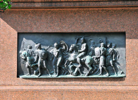 Moscow, Russia - 4 September, 2014. Monument to Minin and Pozharsky. The rear alto-relievo depicts Prince Pozharsky, who drives the Poles from Moscow. Sculptor Ivan Martos.のeditorial素材